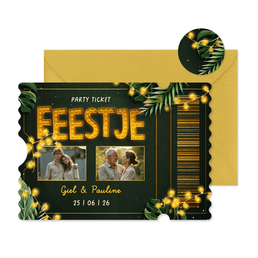 Ticket uitnodiging feestje botanisch met foto's en lampjes - Kaartimpressie