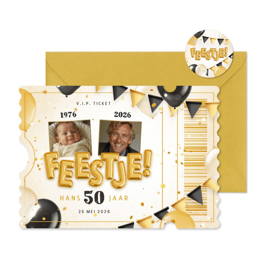 Ticket uitnodiging feestje met ballonnen en confetti - Kaartimpressie