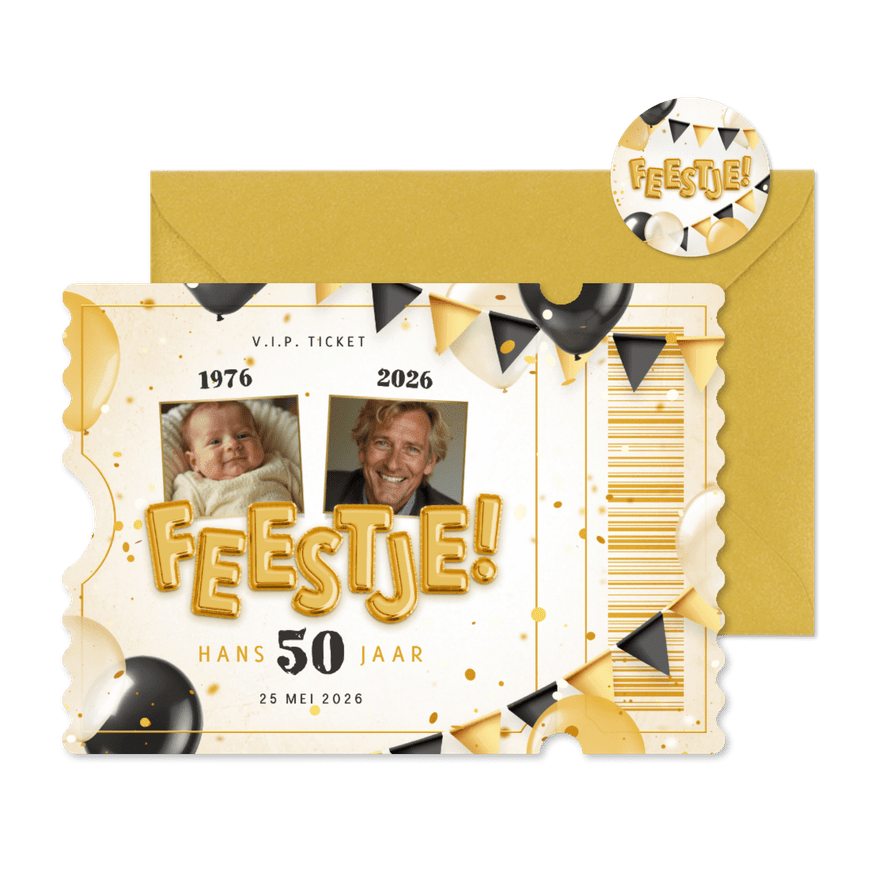 Ticket uitnodiging feestje met ballonnen en confetti - Kaartimpressie