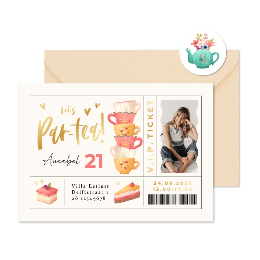 Ticket uitnodiging high tea goud foto taart - Kaartimpressie