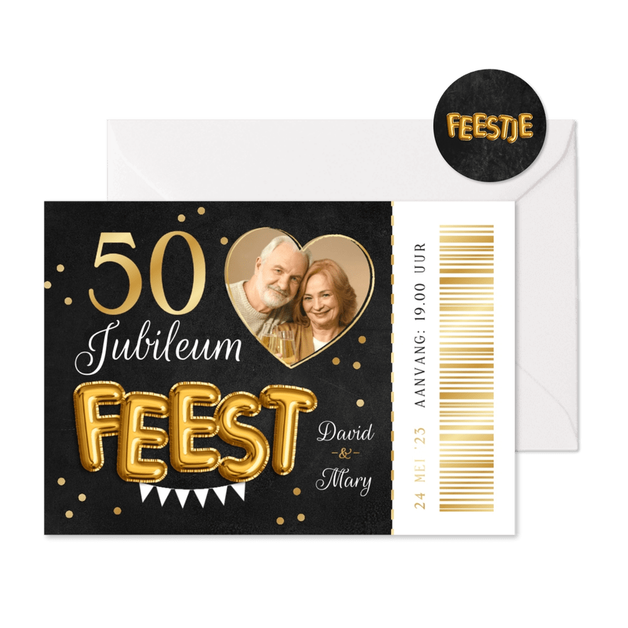 Ticket uitnodiging jubileumfeest 50 jaar getrouwd hartje - Kaartimpressie