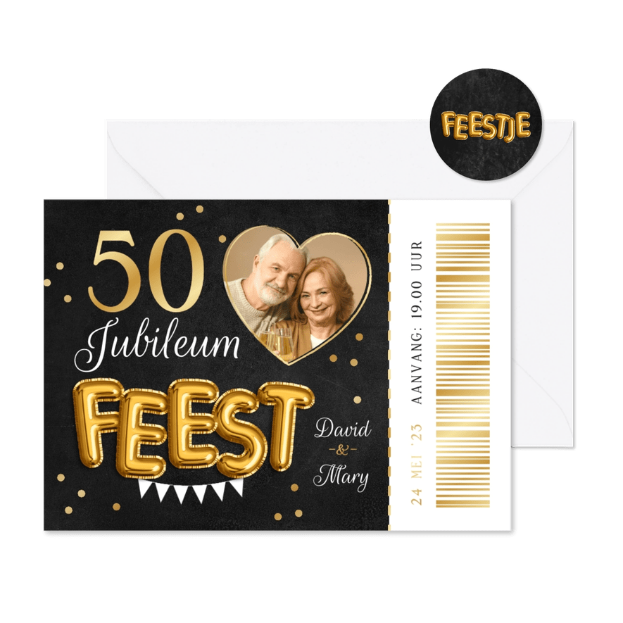 Ticket uitnodiging jubileumfeest 50 jaar getrouwd hartje - Kaartimpressie