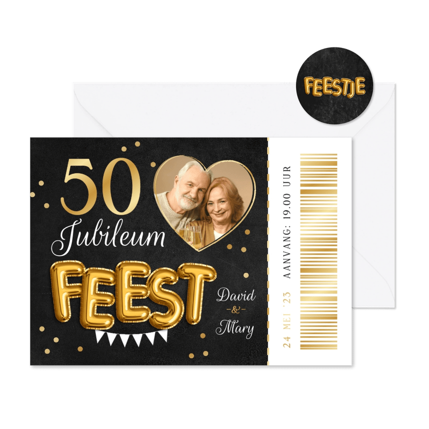 Ticket uitnodiging jubileumfeest 50 jaar getrouwd hartje - Kaartimpressie