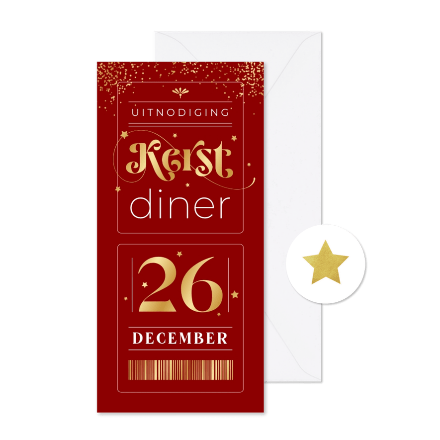 Ticket uitnodiging kerstdiner goud rood sterretjes stijlvol - Kaartimpressie