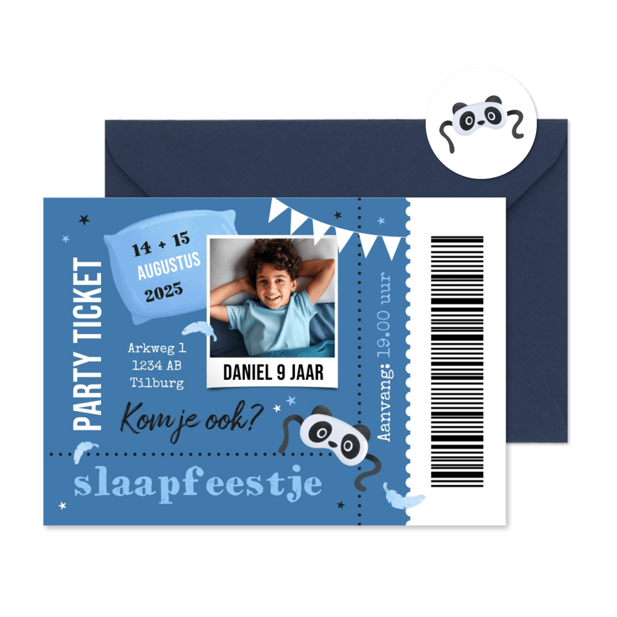 Ticket uitnodiging kinderfeestje slaapfeestje hip - Kaartimpressie