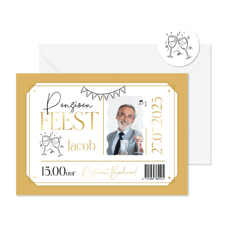 Ticket uitnodiging pensioen foto goud champagne slingers - Kaartimpressie
