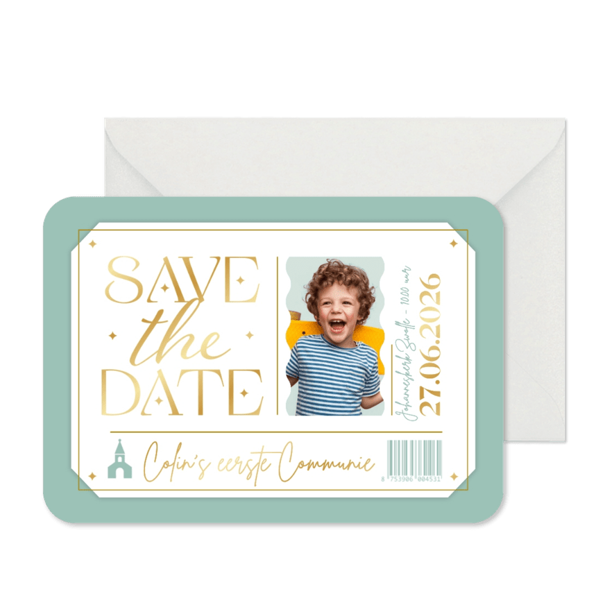 Ticket uitnodigingskaart communie stijlvol modern goud foto - Kaartimpressie