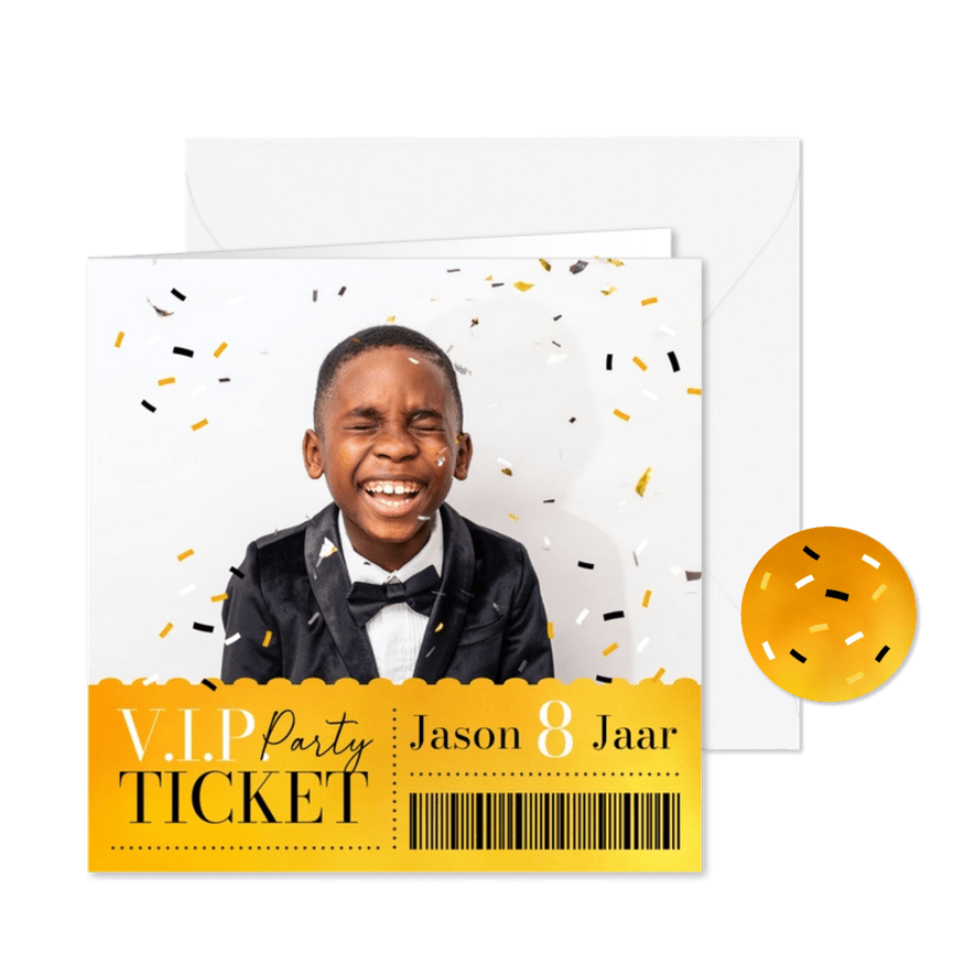 Ticket VIP kinderfeestje goud uitnodiging confetti foto - Kaartimpressie