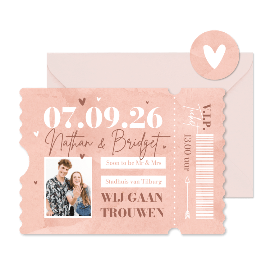 Ticketkaart bruiloft trouwkaart waterverf roze hip - Kaartimpressie
