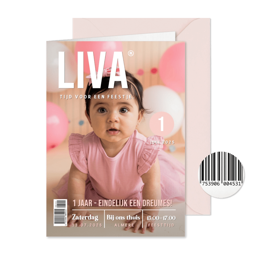 Tijdschrift verjaardags uitnodiging kind 1 jaar met foto - Kaartimpressie