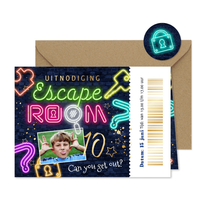 Toffe uitnodiging kinderfeest escape room ticket goud - Kaartimpressie