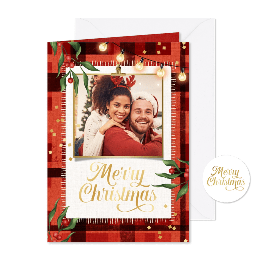 Traditionele kerstkaart ruitjes patroon rood lampjes foto - Kaartimpressie