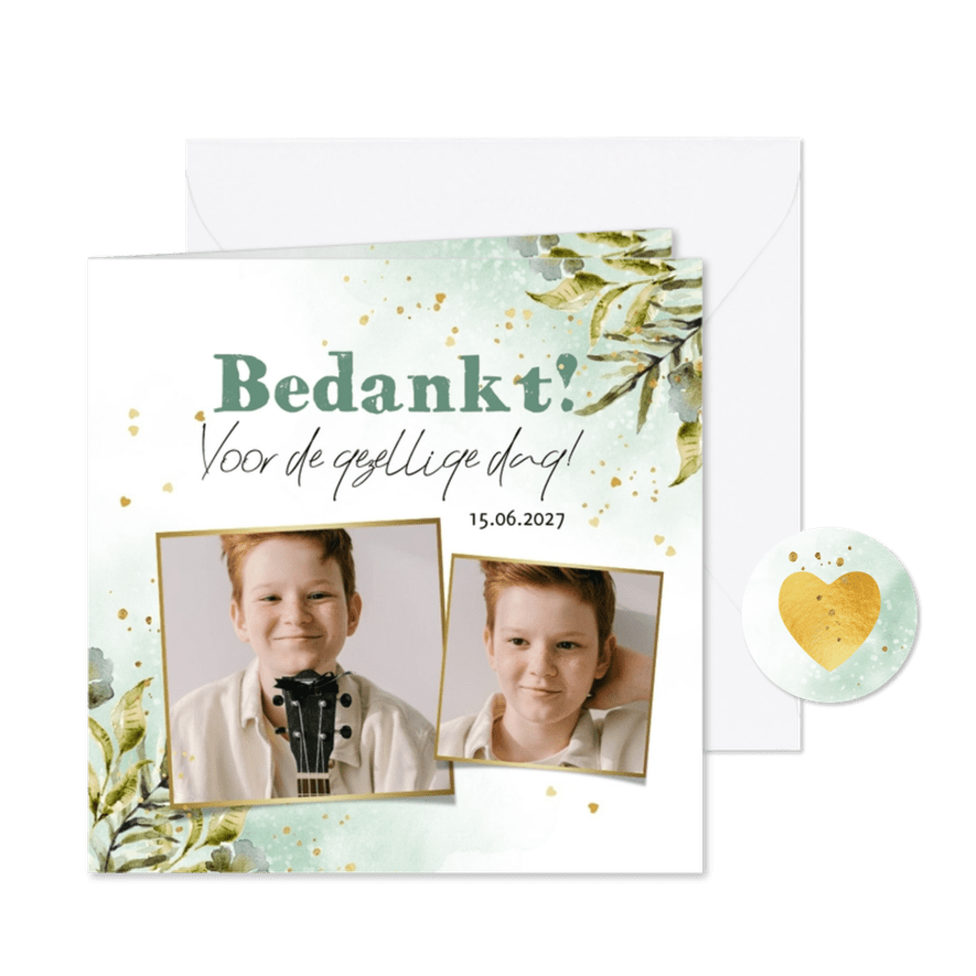 Trendy bedankkaart botanische bladeren watercolour goud - Kaartimpressie