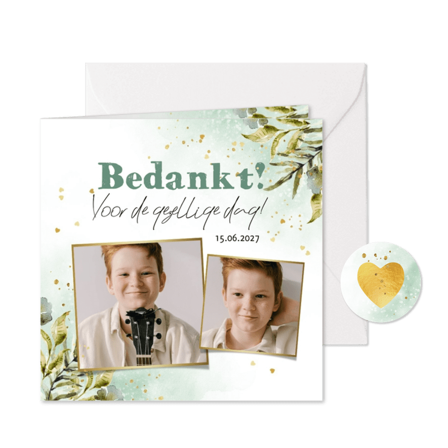 Trendy bedankkaart botanische bladeren watercolour goud - Kaartimpressie