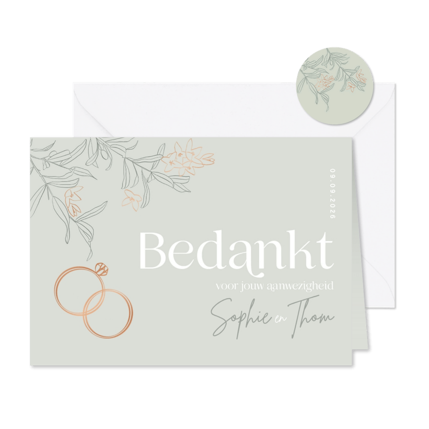 Trendy bedankkaart bruiloft groen olijftakjes koper - Kaartimpressie