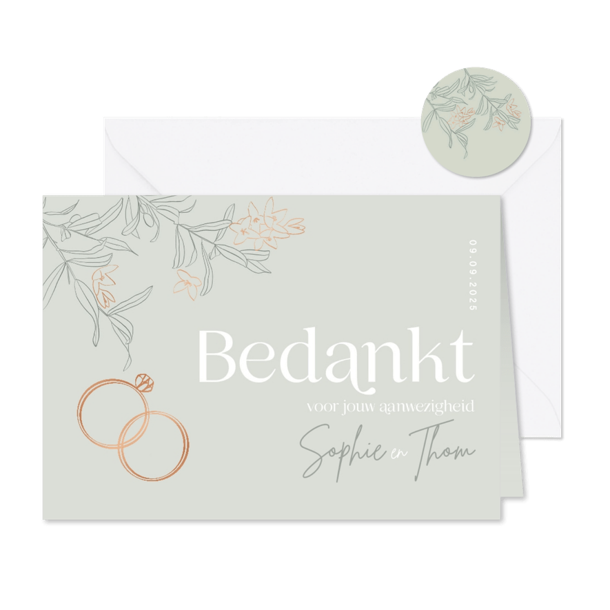 Trendy bedankkaart bruiloft groen olijftakjes koper - Kaartimpressie