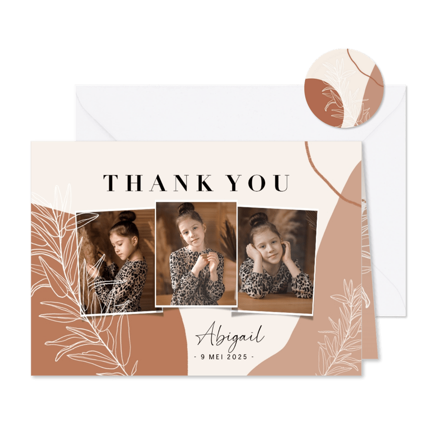 Trendy bedankkaart communie abstracte vormen en takje - Kaartimpressie