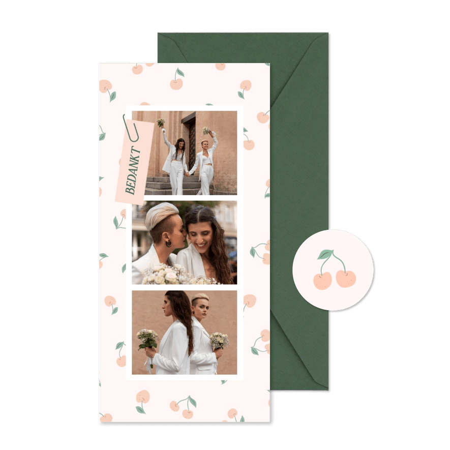 Trendy bedankkaart fotostrip en kersjes patroon in roze - Kaartimpressie