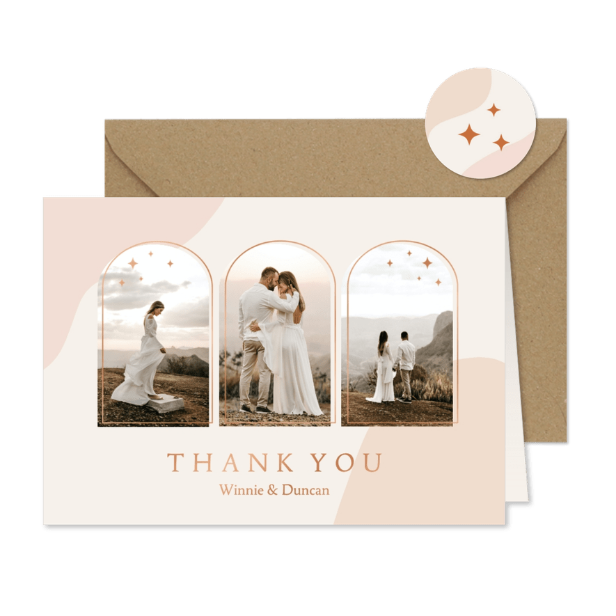 Trendy bedankkaart in roze aardetinten met foto's en bogen - Kaartimpressie