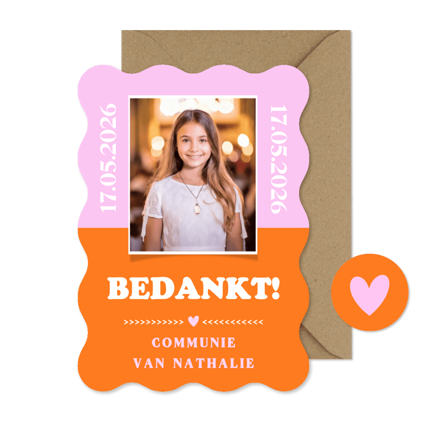 Trendy bedankkaartje communie meisje met golvende rand - Kaartimpressie
