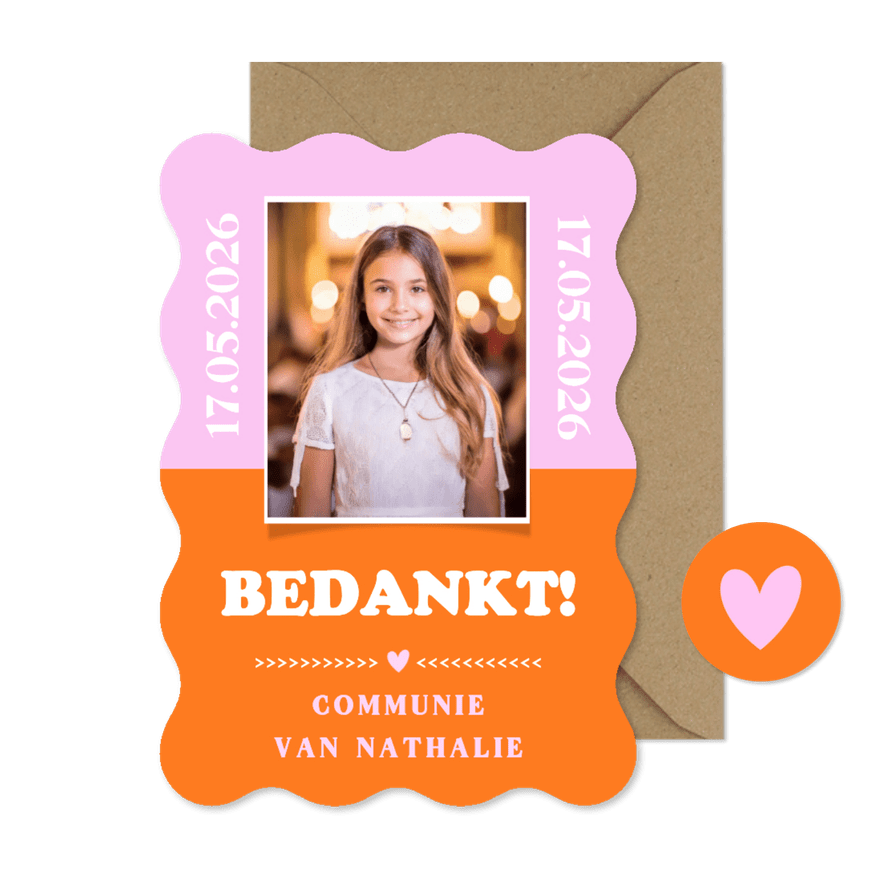 Trendy bedankkaartje communie meisje met golvende rand  - Kaartimpressie