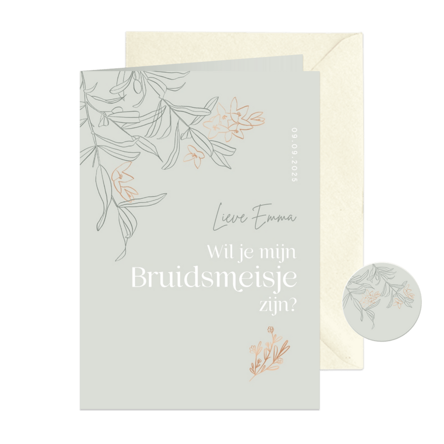 Trendy bruidsmeisje kaart bruiloft groen olijftakjes boeket - Kaartimpressie