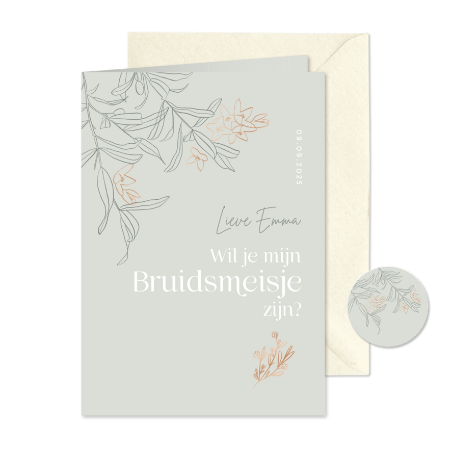 Trendy bruidsmeisje kaart bruiloft groen olijftakjes boeket - Kaartimpressie