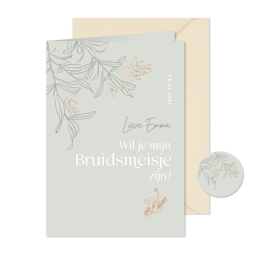 Trendy bruidsmeisje kaart bruiloft groen olijftakjes boeket - Kaartimpressie
