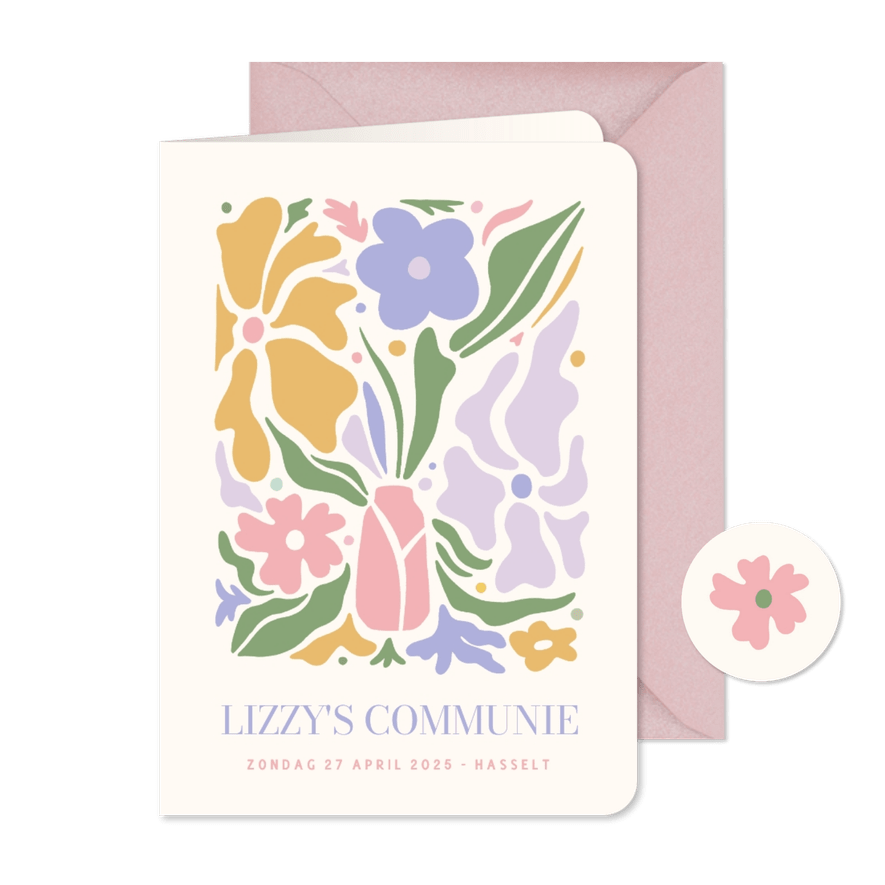 Trendy communie uitnodiging meisje met pastel bloemen - Kaartimpressie