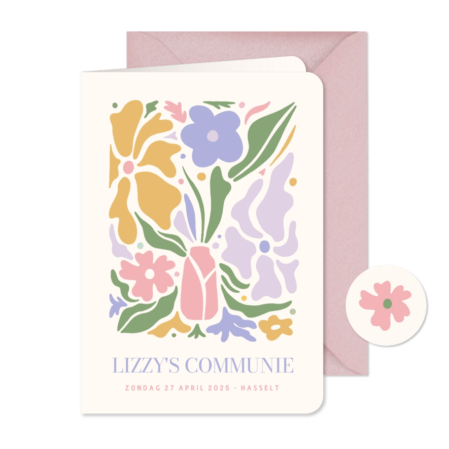 Trendy communie uitnodiging meisje met pastel bloemen - Kaartimpressie