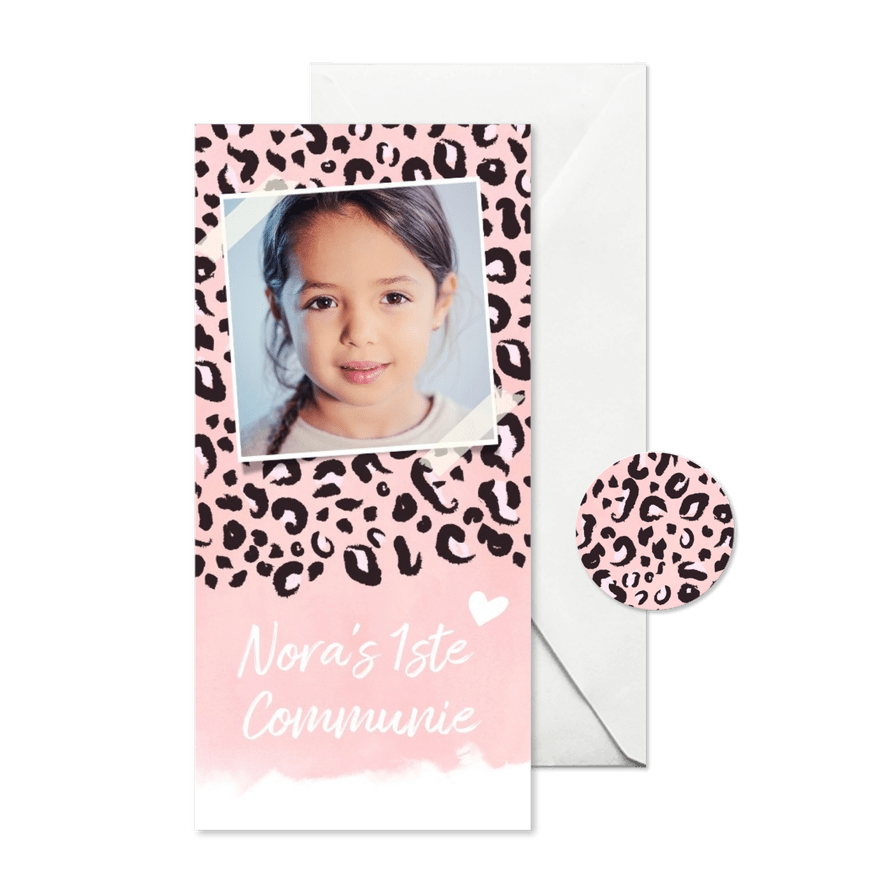 Trendy communiekaart met roze luipaard print en foto - Kaartimpressie