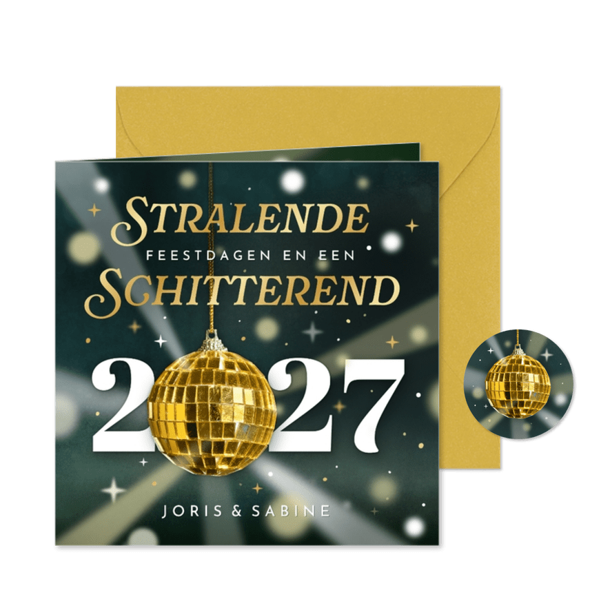 Trendy foliedruk kerstkaart met een discobal- stralend 2027 - Kaartimpressie