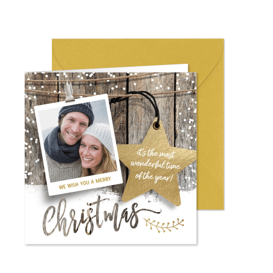 Trendy foto kerstkaart hout en sneeuw - Kaartimpressie