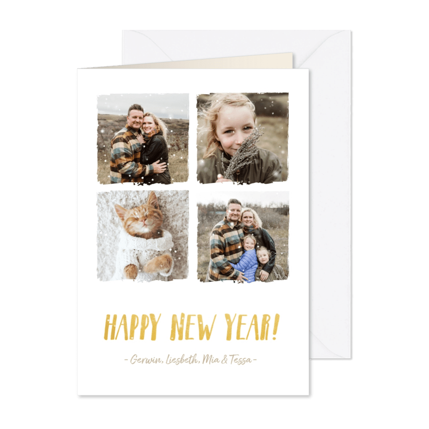 Trendy fotocollage nieuwjaarskaart met 4 foto's en namen - Kaartimpressie