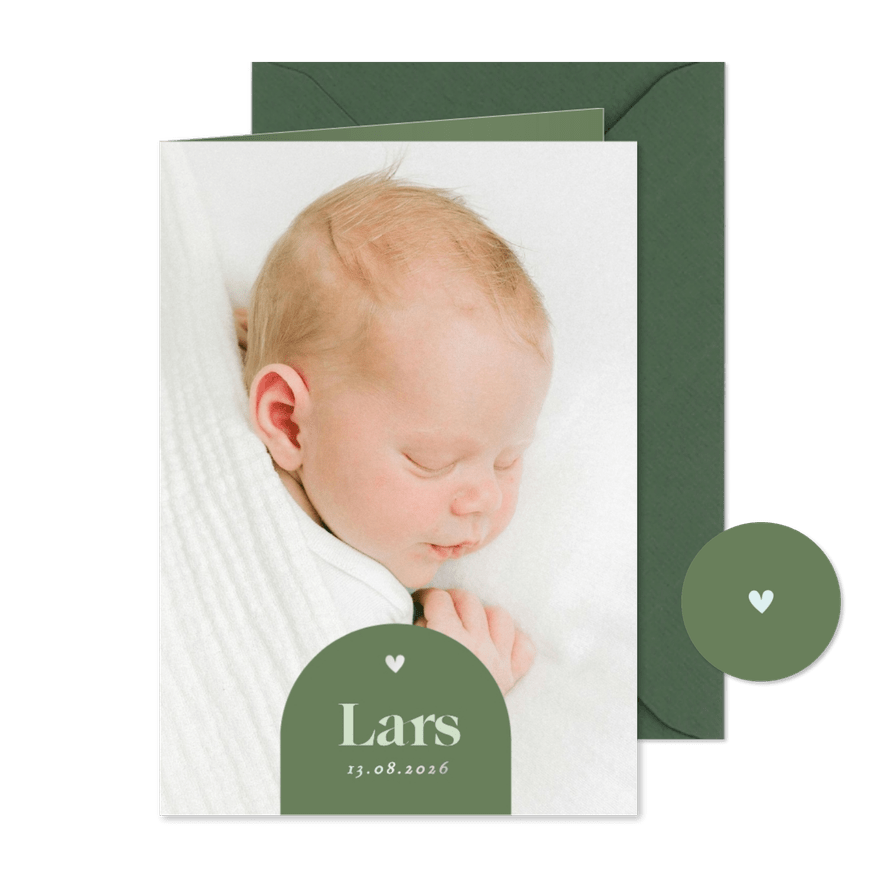 Trendy fotokaartje geboorte met groene boog holografisch - Kaartimpressie