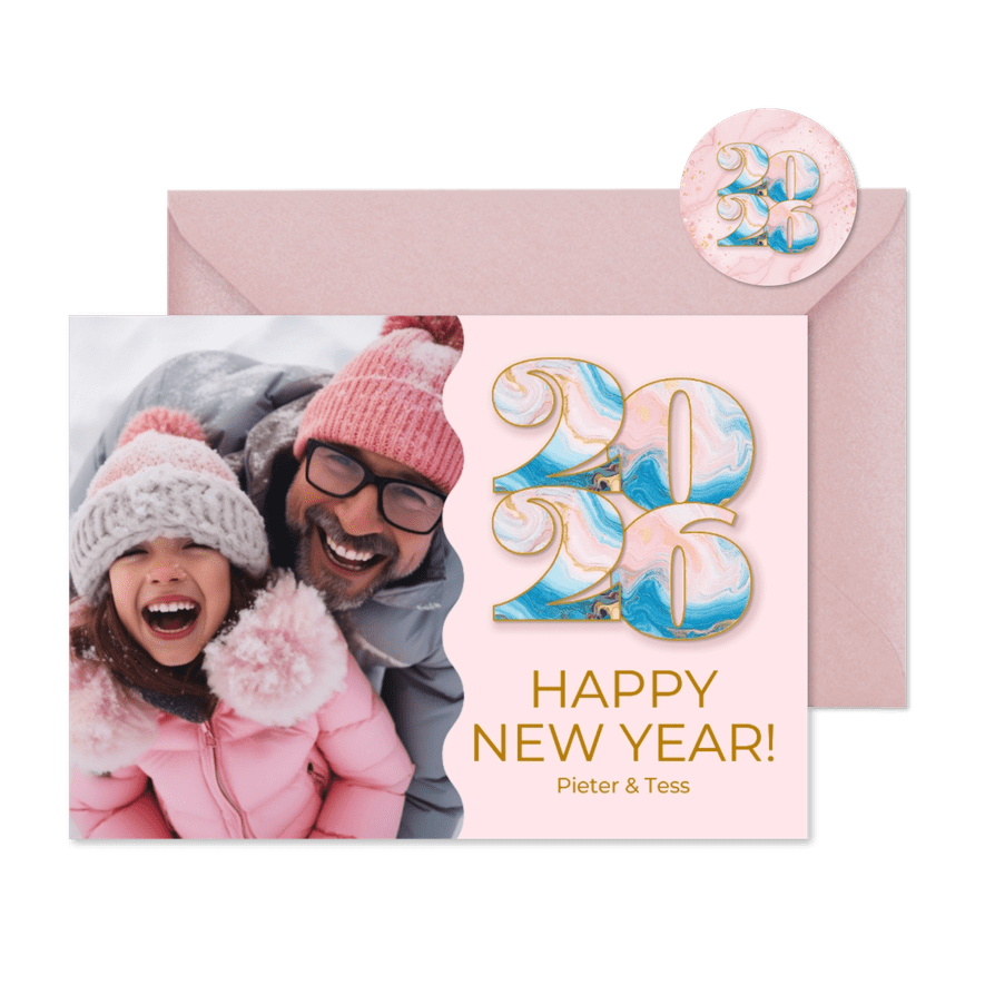 Trendy fotokaartjen nieuwjaar roze marmer jaartal - Kaartimpressie