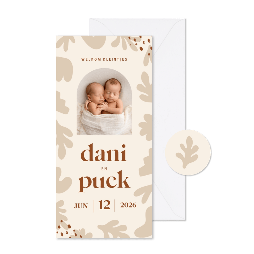 Trendy geboortekaartje abstracte vormen tweeling beige - Kaartimpressie