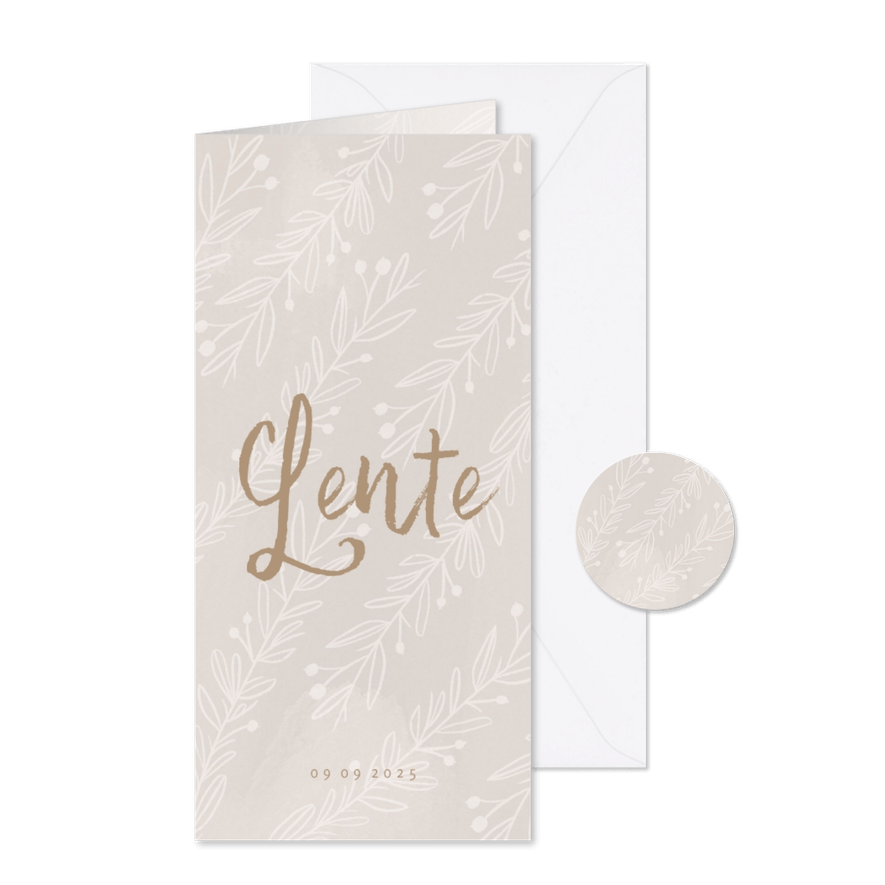 Trendy geboortekaartje beige takjes lange dubbele kaart - Kaartimpressie