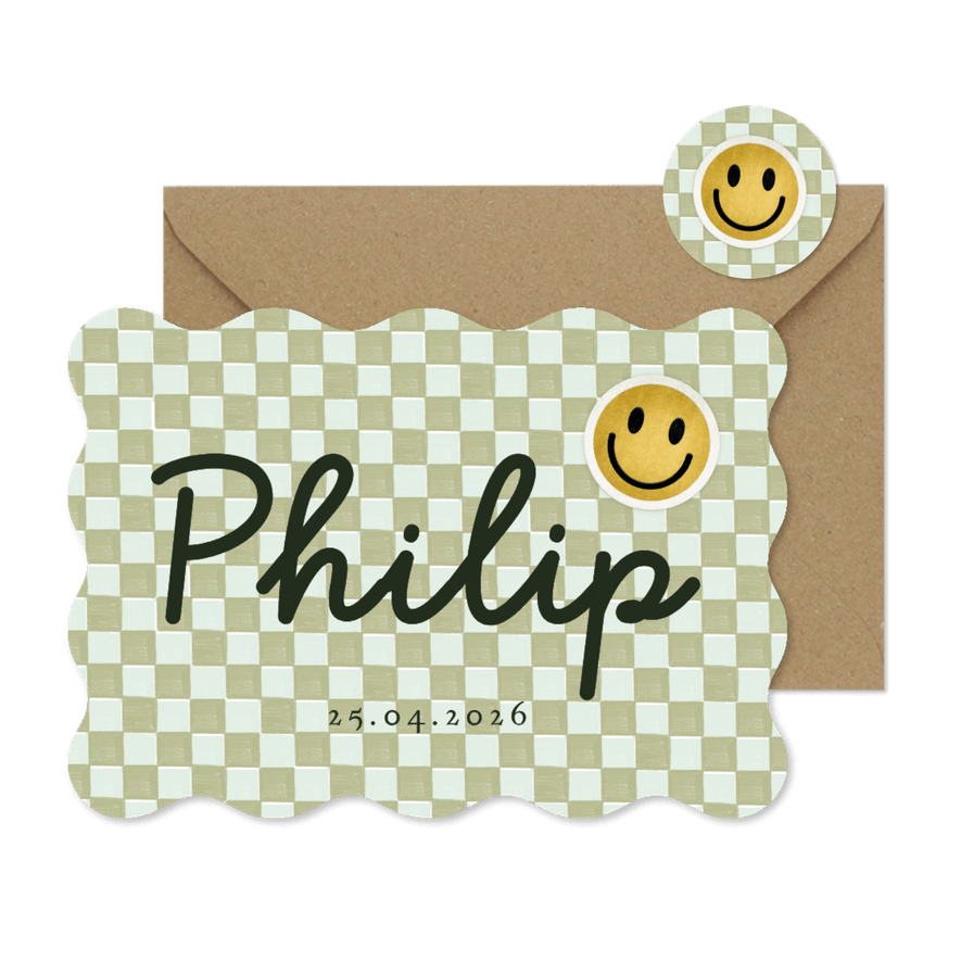 Trendy geboortekaartje blokpatroon groen smiley patch - Kaartimpressie