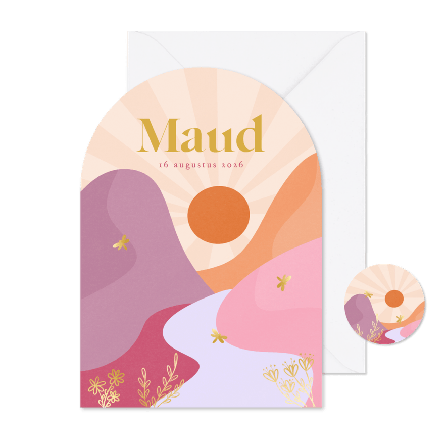 Trendy geboortekaartje boog vorm met landschap libelle - Kaartimpressie