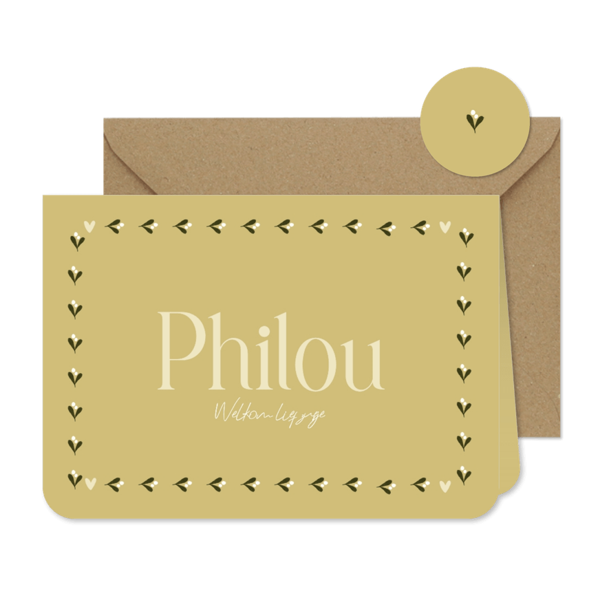 Trendy geboortekaartje geel takjes kader - Kaartimpressie