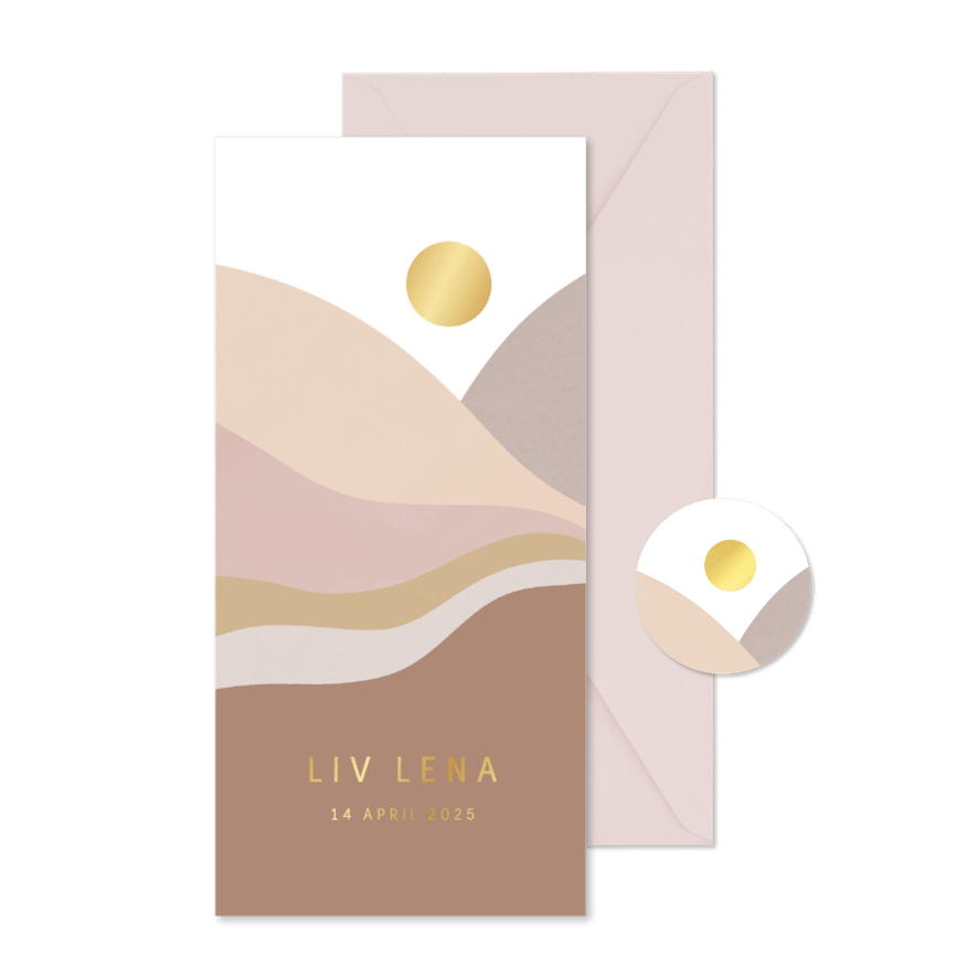 Trendy geboortekaartje gouden zon abstract landschap - Kaartimpressie