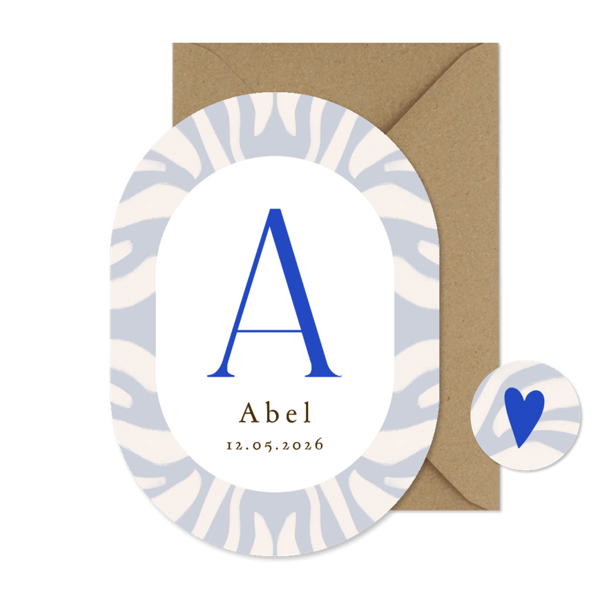 Trendy geboortekaartje initiaal streeppattroon blauw - Kaartimpressie