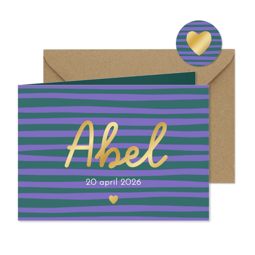 Trendy geboortekaartje kleurrijke streep hartje goud - Kaartimpressie