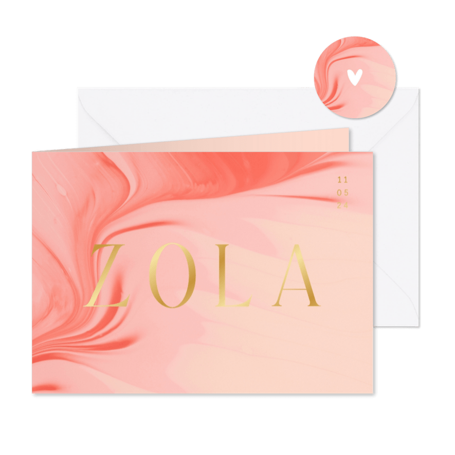 Trendy geboortekaartje meisje felle tint roze met goud - Kaartimpressie