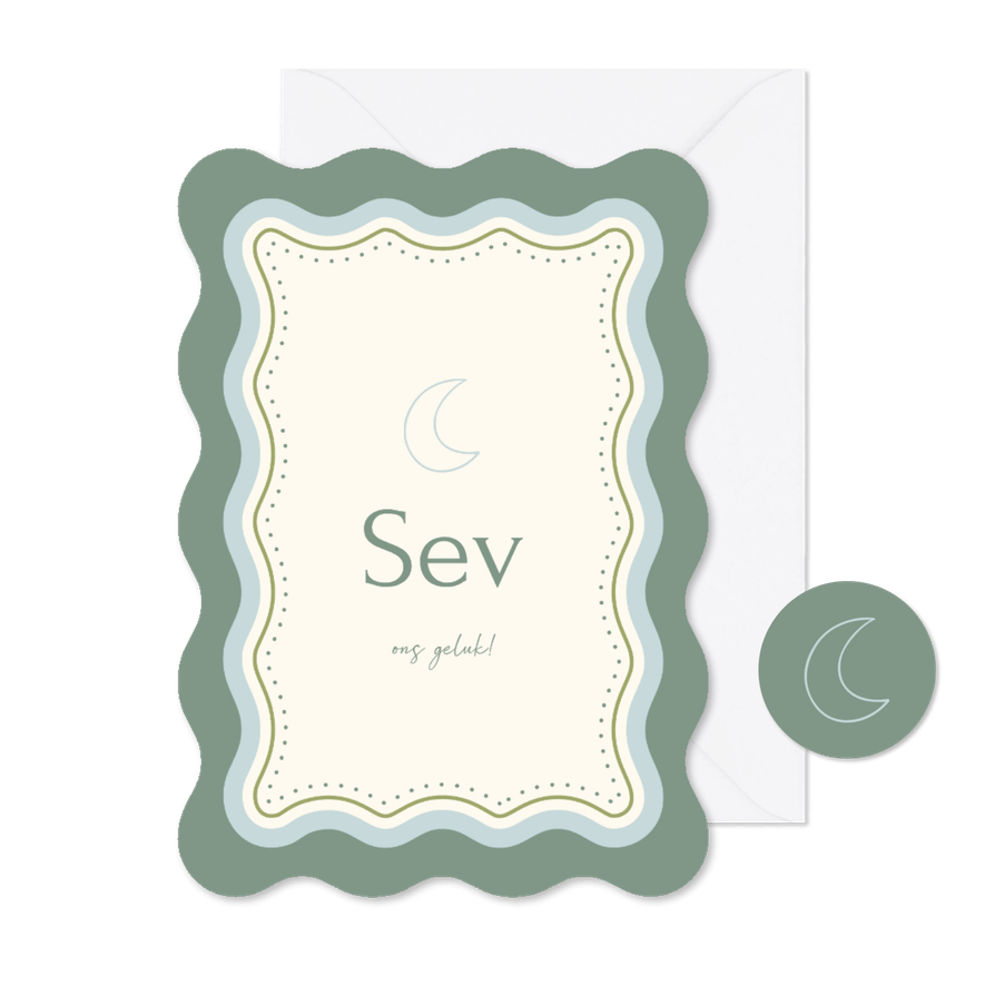  Trendy geboortekaartje met golvend kader en maan  - Kaartimpressie