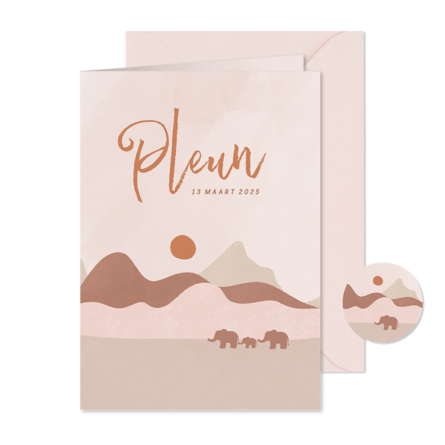 Trendy geboortekaartje met landschap met olifantjes roze - Kaartimpressie