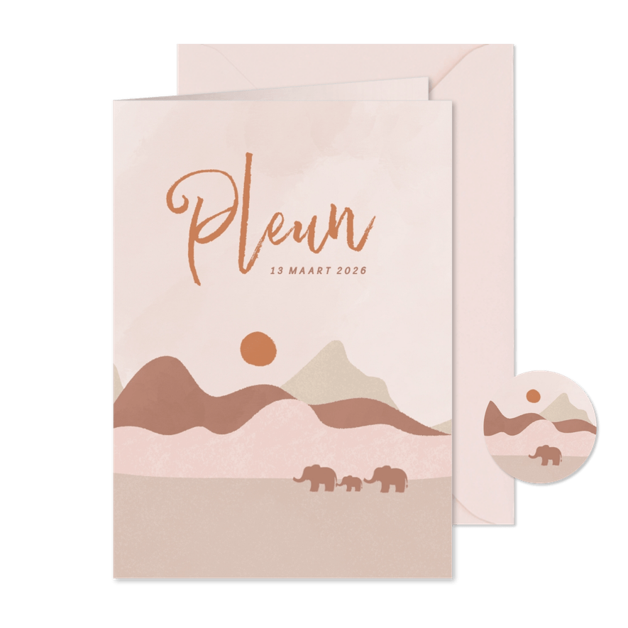 Trendy geboortekaartje met landschap met olifantjes roze - Kaartimpressie