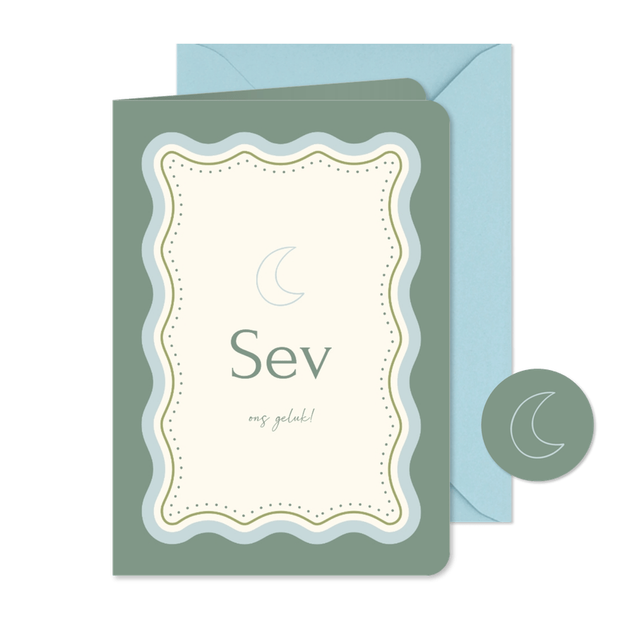Trendy geboortekaartje met maan en golvend kader - Kaartimpressie