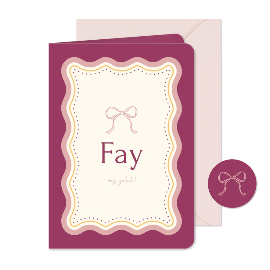 Trendy geboortekaartje met strik en golvend kader - Kaartimpressie